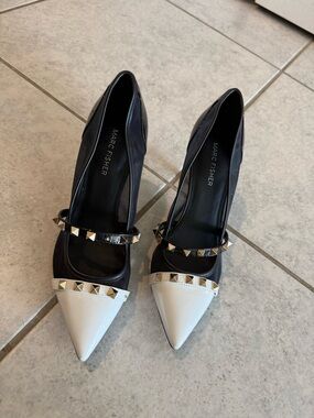Marc Fisher Black and White Pointed-Toe Mary Jane Heels with Gold Studs